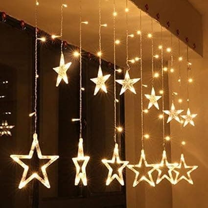 Desidiya 12 Stars 138 Led Curtain String Lights Window Curtain Lights with 8 Flashing Modes Decoration for Christmas, Wedding, Party, Home, Patio Lawn Warm White (138 Led-Star, Copper, Pack of 1)