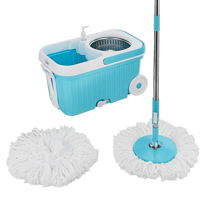 Presto! Elite Spin Mop with Steel Wringer and Auto-fold Handle, Blue, 2 Refills