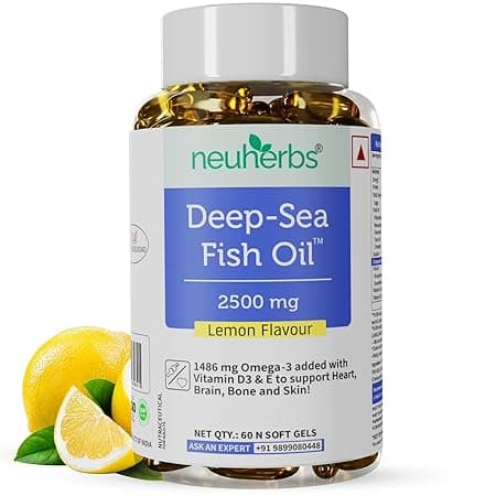 Neuherbs Deep Sea Omega 3 Fish Oil - Omega 3 Supplement Triple Strength 2500 Mg, Vitamin D - Fish Oil softgels With No Fishy Burps with Lemon Flavour- 60 Softgel for Men and Women