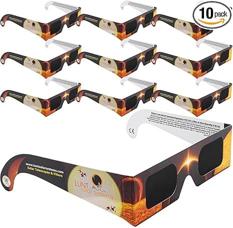 Lunt Solar Systems 10 Pack Premium, Solar Eclipse Glasses NASA Approved 2024, ISO and CE Certified Optical Quality Safe Shades for Direct Sun Viewing for Solar Eclipse