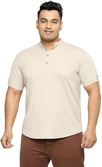 XMEX Solid Mens Mandarin Collar Without Pocket Plus Size T-Shirt