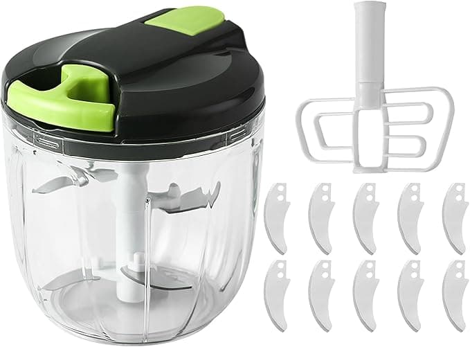 Picadora Manual 900ml, Cortador de Verdura, Trituradora de Alimentos con Cuchillas y Agitadores para Verduras Carne Hierbas Cebolla