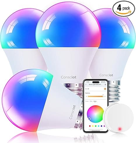 Consciot Smart Light Bulbs with Remote Control, LED Light Bulb That Works with Alexa & Google Home, Color Changing Light Bulb, A19 E26 2.4Ghz WiFi Light Bulbs 60 watt equivalent, 800lm Dimmable 4 Pack