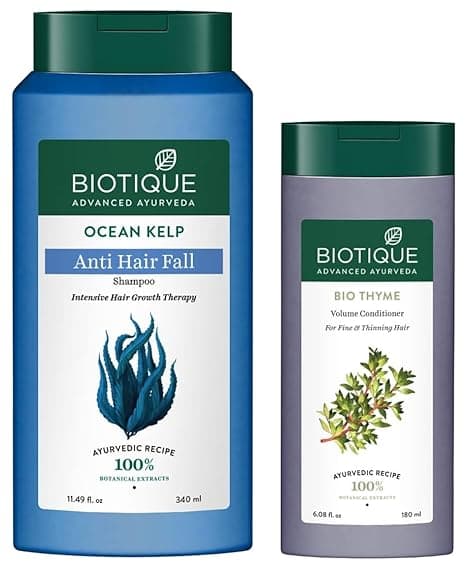 Biotique Bio Kelp Protein Shampoo for Falling Hair Intensive Hair Regrowth Treatment, 340ml & Biotique Bio Thyme Volume Conditioner for Fine and Thinning Hair, 180ml