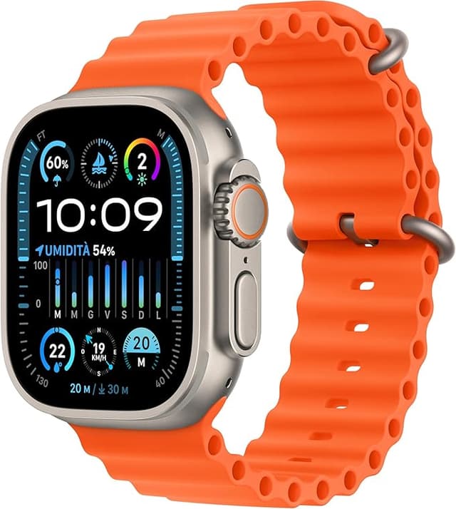 Apple Watch Ultra 2 GPS + Cellular 49mm Smartwatch con robusta cassa in titanio e Cinturino Ocean arancione. Fitness tracker, GPS di precisione, tasto Azione, batteria a lunghissima durata