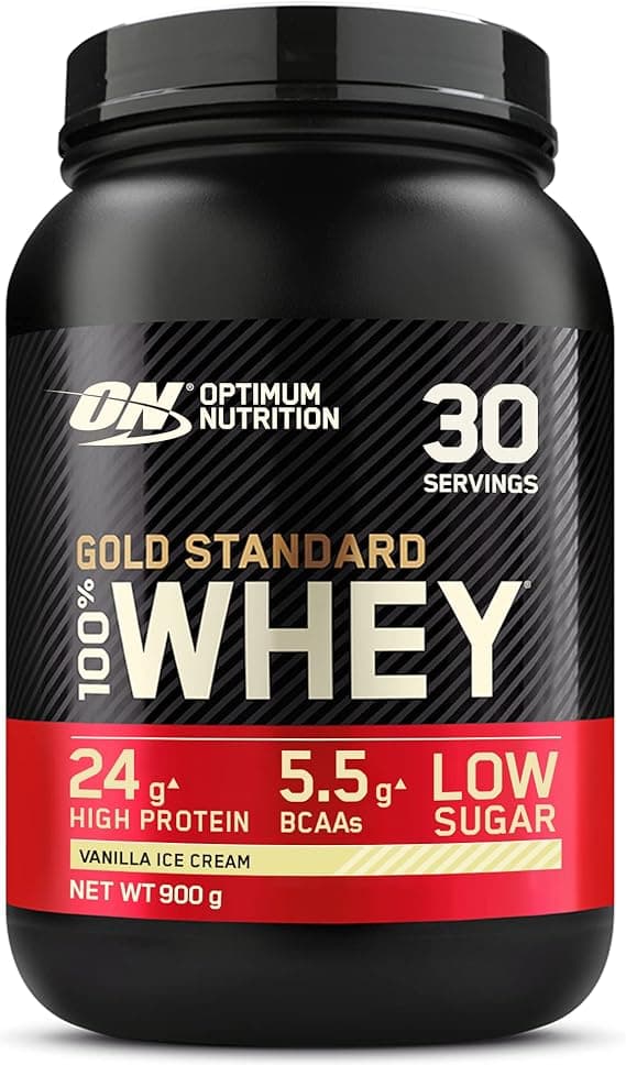 Optimum Nutrition Gold Standard 100% Whey Muscle Building and Recovery Protein Powder With Naturally Occurring Glutamine and BCAA Amino Acids, Vanilla Ice Cream Flavour, 30 Servings, 900 g