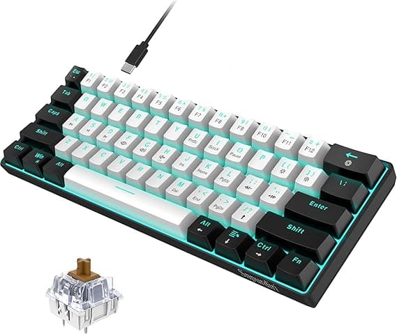 Snpurdiri 60% Wired Mechanical Gaming Keyboard, Ice Blue LED Backlit 61 Keys Mini Wired Office Keyboard for Windows Laptop PC Mac (Black-White, Brown Switches)