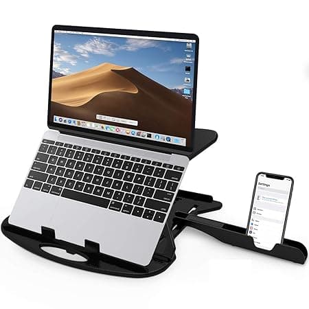 STRIFF Adjustable Laptop Tabletop Stand Patented Riser Ventilated Portable Foldable Compatible with MacBook Notebook Tablet Tray Desk Table Book with Free Phone Stand (Black)