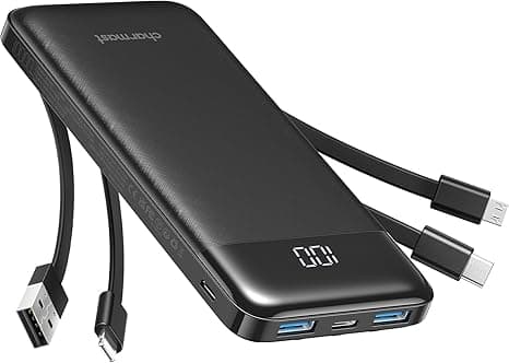 Charmast 10000mAh Power Bank Built in 4 Cables, Slim USB C Portable Charger, LED Display External Battery Pack with 6 Output and 3 Input, Compatible with iPhone, Samsung, Tablets and More