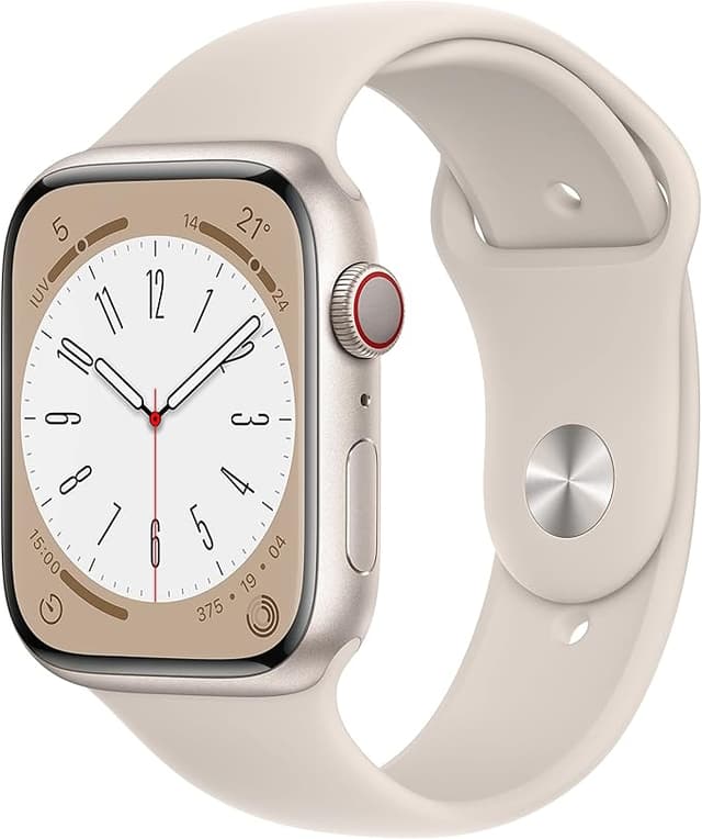 Apple Watch Series 8 (GPS + Cellular) Smartwatch con Caja de Aluminio Blanco Estelar de 45 mm y Correa Deportiva Blanco Estelar. Apps ECG y Oxígeno en Sangre, Resistente al Agua