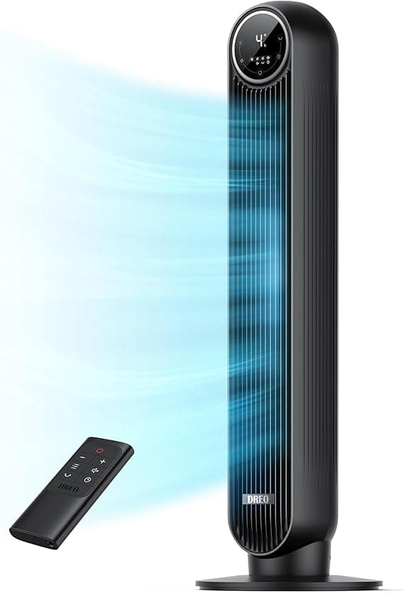 Dreo Tower Fan for Bedroom, 25ft/s Velocity 28dB Quiet Floor Fan, 90° Oscillating Fans for Indoors with 4 Speeds, 4 Modes, 8H Timer, Bladeless Standing Fan, Black, Nomad One (DR-HTF007)