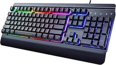 Gaming Keyboard, 104 Keys All-Metal Panel, Dacoity Rainbow LED Backlit Quiet Keyboard, Wrist Rest, Multimedia Keys, 19 Anti-ghosting Keys, Waterproof Light Up USB Wired Keyboard for Office PC Mac Xbox