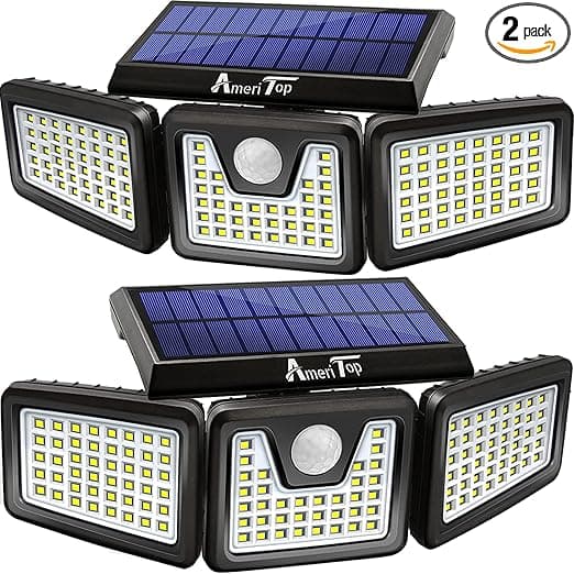 AmeriTop Solar Lights Outdoor, 2 Pack 128 High Brightness LED Cordless Solar Motion Sensor Lights; 3 Adjustable Heads, 270°Wide Angle Illumination, IP65 Waterproof, Security Flood Light(Daylight)