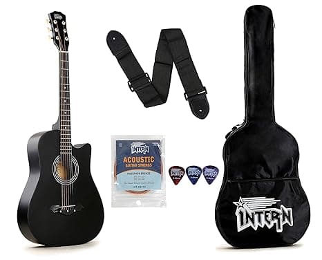 Intern INT-38C Right hand Acoustic Guitar Kit, With Bag, Strings, Pick And Strap, Black, small