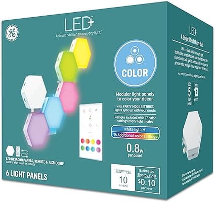 GE LED+ Color Changing LED Hexagon Tile Panels with Remote, LED Lights with No App or Wi-Fi Required, Linking Compatible (6 Pack)