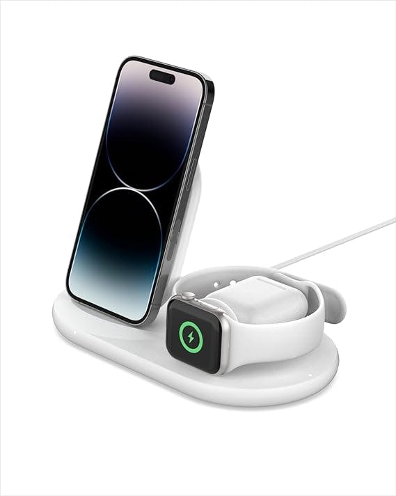 Belkin 3 in 1 Wireless Charging Station, 7.5W Wireless Charger for iPhone, Apple Watch and AirPods, Wireless Charging Dock, iPhone Charging Dock, iPhone 15, 14, 13, Apple Watch series 9, 8, 7 - White
