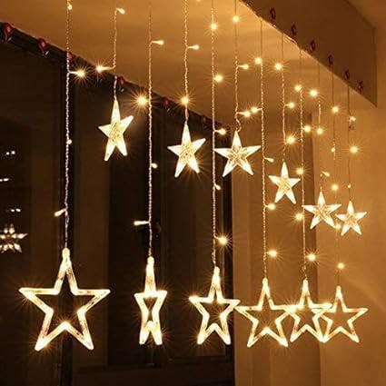 Desidiya 12 Stars 138 Led Curtain String Lights Window Curtain Lights with 8 Flashing Modes Decoration for Christmas, Wedding, Party, Home, Patio Lawn Warm White (138 Led-Star, Copper, Pack of 1)