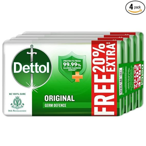 Dettol Original Germ Protection Bathing Soap Bar (600gm) | Kills 99.99% germs, 125gm + 20% Extra Free, Pack of 4