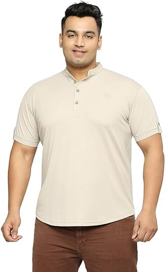 XMEX Solid Mens Mandarin Collar Without Pocket Plus Size T-Shirt