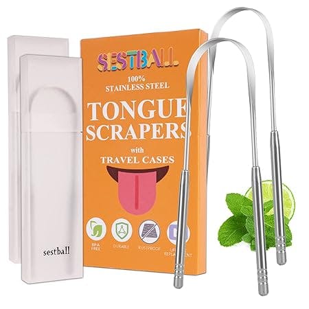 Tongue Scraper (2 Pack with Travel Case), Tongue Cleaner for Reduce Bad Breath, Stainless Steel Tongue Scrapers for Adults & Kids, 100% Metal Tongue Scrubber Set for Oral Care