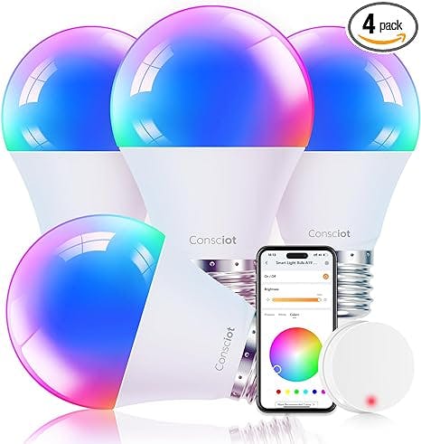 Consciot Smart Light Bulbs with Remote Control, LED Light Bulb That Works with Alexa & Google Home, Color Changing Light Bulb, A19 E26 2.4Ghz WiFi Light Bulbs 60 watt equivalent, 800lm Dimmable 4 Pack