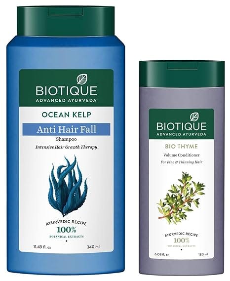 Biotique Bio Kelp Protein Shampoo for Falling Hair Intensive Hair Regrowth Treatment, 340ml & Biotique Bio Thyme Volume Conditioner for Fine and Thinning Hair, 180ml