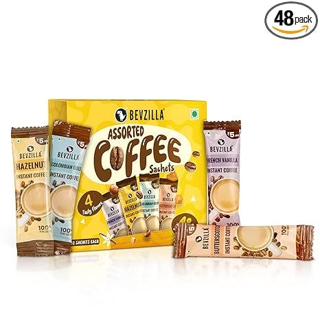 Bevzilla 48 Instant Coffee Powder Sachets (48 X2 Gram Sachets)| Turkish Hazelnut, Colombian Gold, French Vanilla & English Butterscotch | 12 Sachets Each Flavour| Hot & Cold Coffee| Makes 48 Cups| 100 % Arabica Coffee| Strong Coffee| Best Coffee| Espresso, Latte, Cappuccino