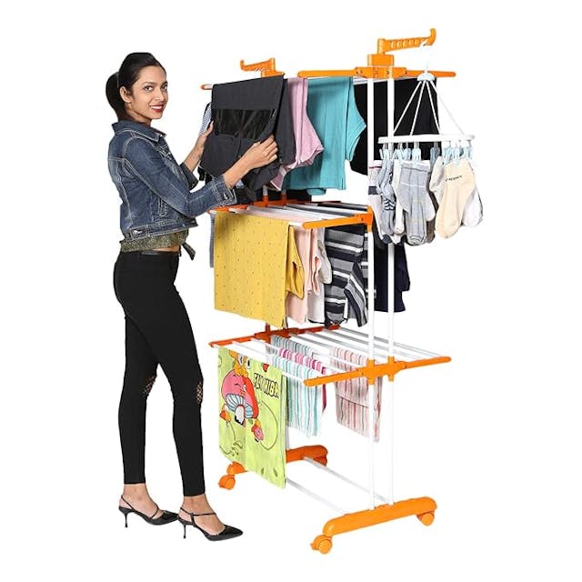 Happer Premium Clothes Stand for Drying with Wheels | Portable | 3 Layer Rack for Balcony | Foldable Wings | 24 Hanger Rods | Anti Rust Steel Metal (Orange | Prince Jumbo)