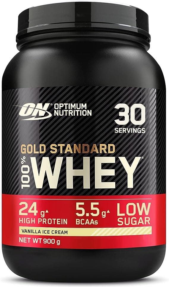 Optimum Nutrition Gold Standard 100% Whey Muscle Building and Recovery Protein Powder With Naturally Occurring Glutamine and BCAA Amino Acids, Vanilla Ice Cream Flavour, 30 Servings, 900 g