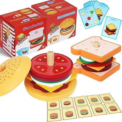 Toddler Montessori Toys for 3 4 5 Year Old Boy Girl, Pretend Play Toy Fake Food for Ages 3-5 Kids Gifts, Stacking Wooden Building Blocks Educational Puzzles Games for Preschool Classroom (Set)