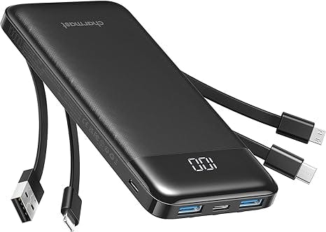 Charmast 10000mAh Power Bank Built in 4 Cables, Slim USB C Portable Charger, LED Display External Battery Pack with 6 Output and 3 Input, Compatible with iPhone, Samsung, Tablets and More