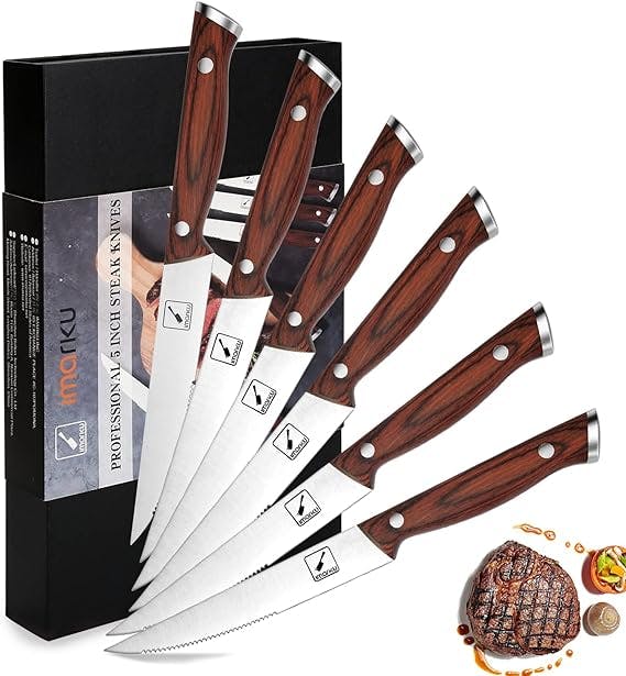 imarku Steak Knives, Serrated Steak Knives Set of 6 with Pakka Wooden Handle, Japanese High Carbon Stainless Steel Steak Knife Set with Gift Box