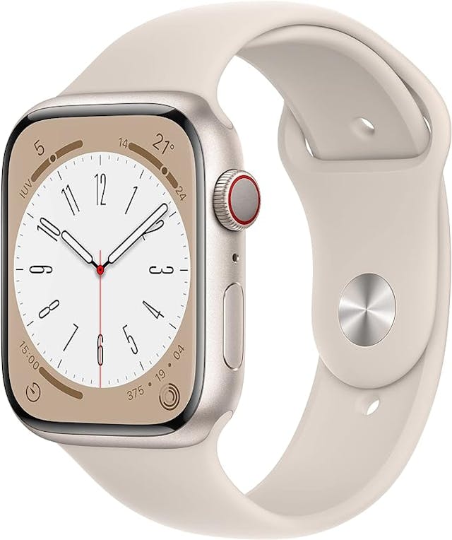 Apple Watch Series 8 (GPS + Cellular) Smartwatch con Caja de Aluminio Blanco Estelar de 45 mm y Correa Deportiva Blanco Estelar. Apps ECG y Oxígeno en Sangre, Resistente al Agua