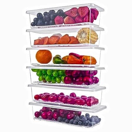 Xiran 6 Fridge Storage Boxes Fridge Organizer with Removable Drain Plate and Lid Stackable Fridge Storage Containers Plastic Freezer Storage Containers for Fish, Meat, Vegetables, Fruits(1500ML)