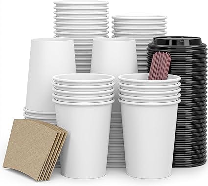 To Go Coffee Cups 12 oz Paper Coffee Cups,120 Pack Disposable Paper Coffee Cup with Lids,Sleeves,Straws,Hot/Cold Beverage Drinking Cup for Water,Juice,Coffee or Tea,Suitable for Home,Shops Cafes