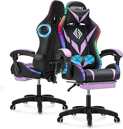 Massage Gaming Chair with Bluetooth Speakers and RGB LED Lights Ergonomic Computer Gaming Chair with Footrest Music Video Game Chair High Back with Lumbar Support Purple and Black