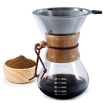 AGARO Elite Pour Over Coffee Maker, Drip Coffee Maker, Borosilicate Glass Body, Stainless Steel Filter Dripper, Wooden Sleeve For Extra Protection, 800ml