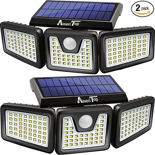 AmeriTop Solar Lights Outdoor, 2 Pack 128 High Brightness LED Cordless Solar Motion Sensor Lights; 3 Adjustable Heads, 270°Wide Angle Illumination, IP65 Waterproof, Security Flood Light(Daylight)
