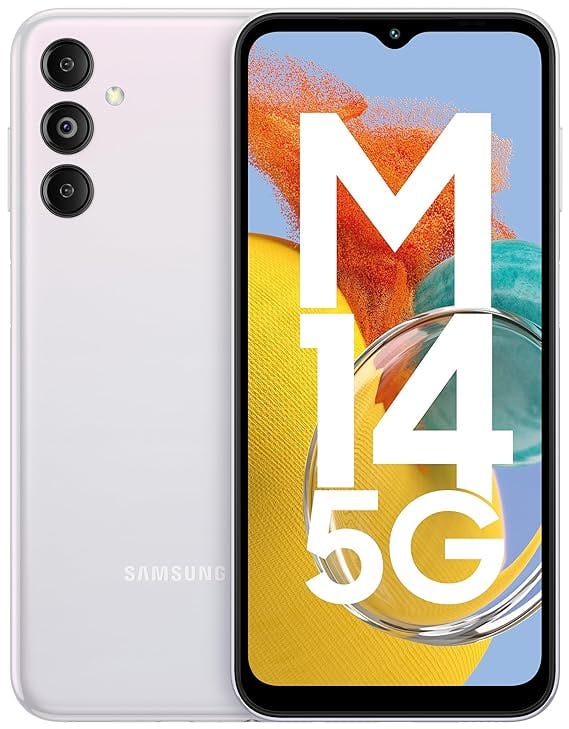 Samsung Galaxy M14 5G (ICY Silver,4GB,128GB)|50MP Triple Cam|Segment's Only 6000 mAh 5G SP|5nm Processor|2 Gen. OS Upgrade & 4 Year Security Update|12GB RAM with RAM Plus|Android 13|Without Charger