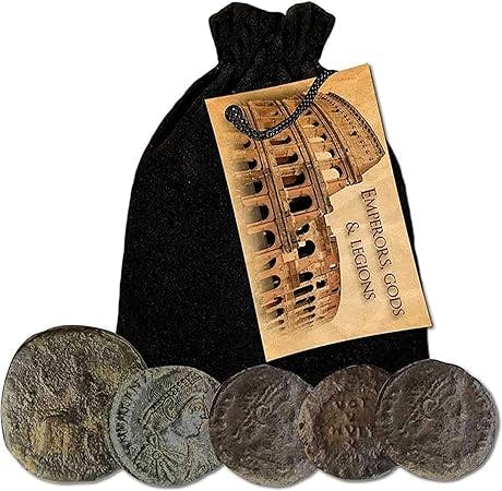 IMPACTO COLECCIONABLES Monete antiche - Impero Romano - 5 Monete Originali in Borsa di Velluto - Le Monete degli antichi imperatori - divinità e legioni - Certificato di autenticità Incluso