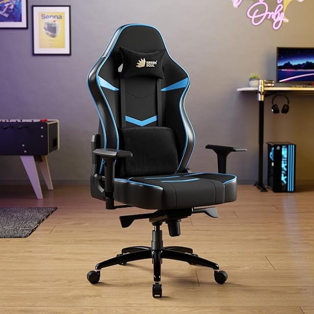 Green Soul® Monster Ultimate Series T Multi-Functional Ergonomic Gaming Chair with Premium Spandex & PU Leather Fabric, Adjustable Neck & Lumbar Pillow and 4D Adjustable Armrests (Black & Blue)