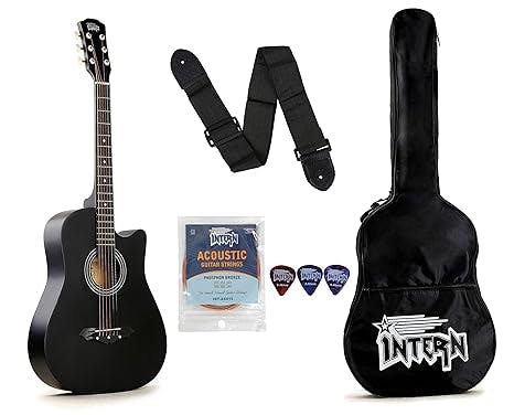 Intern INT-38C Right hand Acoustic Guitar Kit, With Bag, Strings, Pick And Strap, Black, small