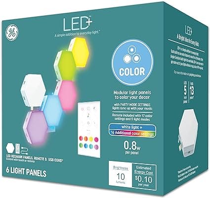 GE LED+ Color Changing LED Hexagon Tile Panels with Remote, LED Lights with No App or Wi-Fi Required, Linking Compatible (6 Pack)