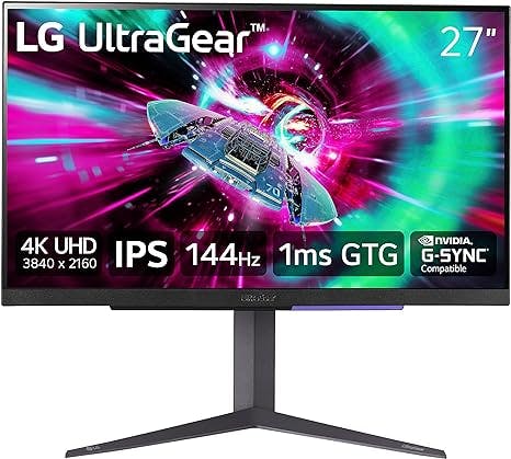 LG 27" UltraGear 4K UHD (3840x2160) Gaming Monitor, 144Hz, 1ms, VESA DisplayHDR 400, G-SYNC and AMD FreeSync Premium, HDMI 2.1, DisplayPort, 4-Pole HP Out DTS HP:X, Tilt/Height/Pivot Stand, Black