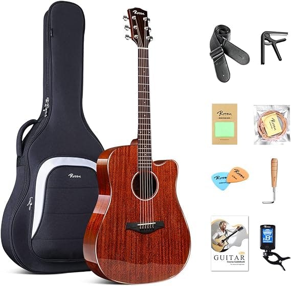 Rosen G31 Dreadnought Acoustic Guitar Soild Mahogany Top 41 Inch Guitarra Full Size Cutaway with Gloss Finish Bundle Starter Kit with Gig Bag, Tuner, Strings, Strap, and Picks